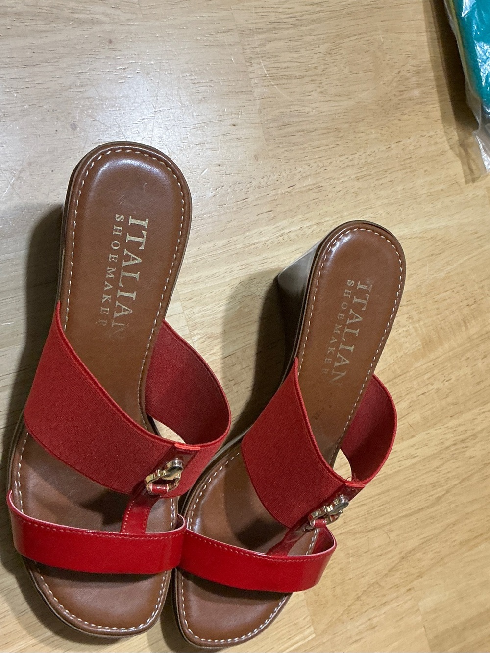 Italian Shoemakers Red Leather & Elastic Slide Mules with Gold Buckle